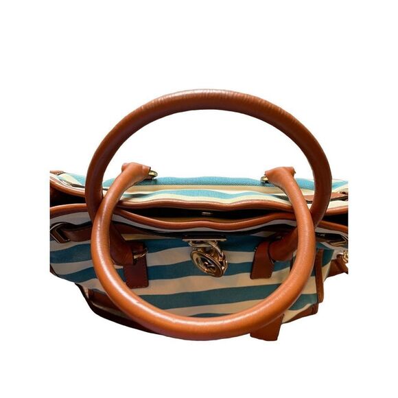 NWOT VINTAGE Blue/cream Stripe, camel leather, gold details Michael Kors Purse - Picture 5 of 8